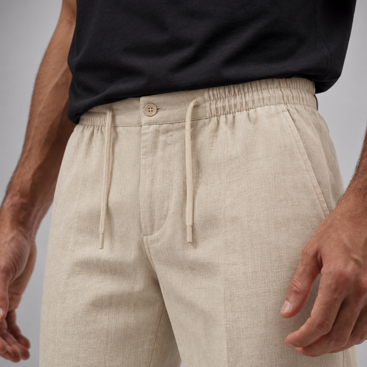 Bej · Formmen Düz Paça Pantolon — bel ve bağcık yakın planı